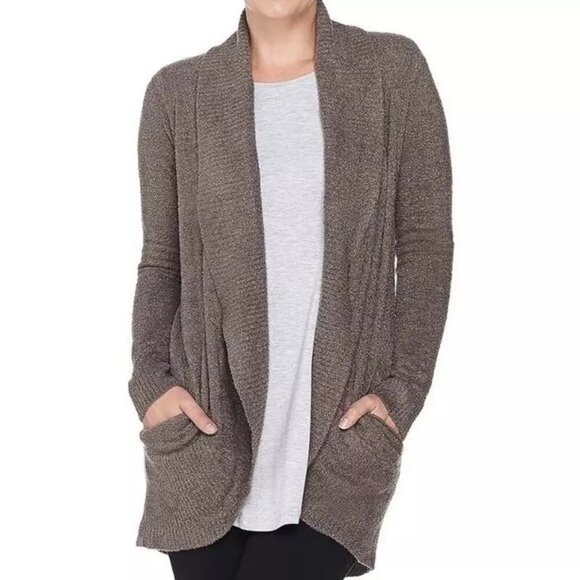 Barefoot Dreams CozyChic Lite Hooded Cardigan M Soft Brown Knit - Picture 1 of 9
